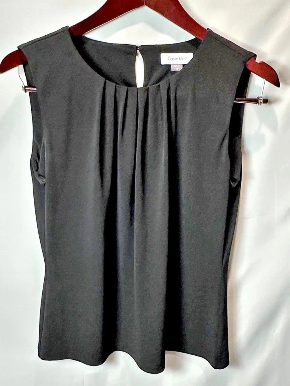 Calvin Klein Pleated Neck Sleeveless Top Blouse Black Size 10
